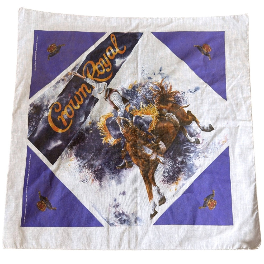 Vtg Crown Royal Rodeo Bronc Rider Bandana 90s Purple Gold Western Collectible